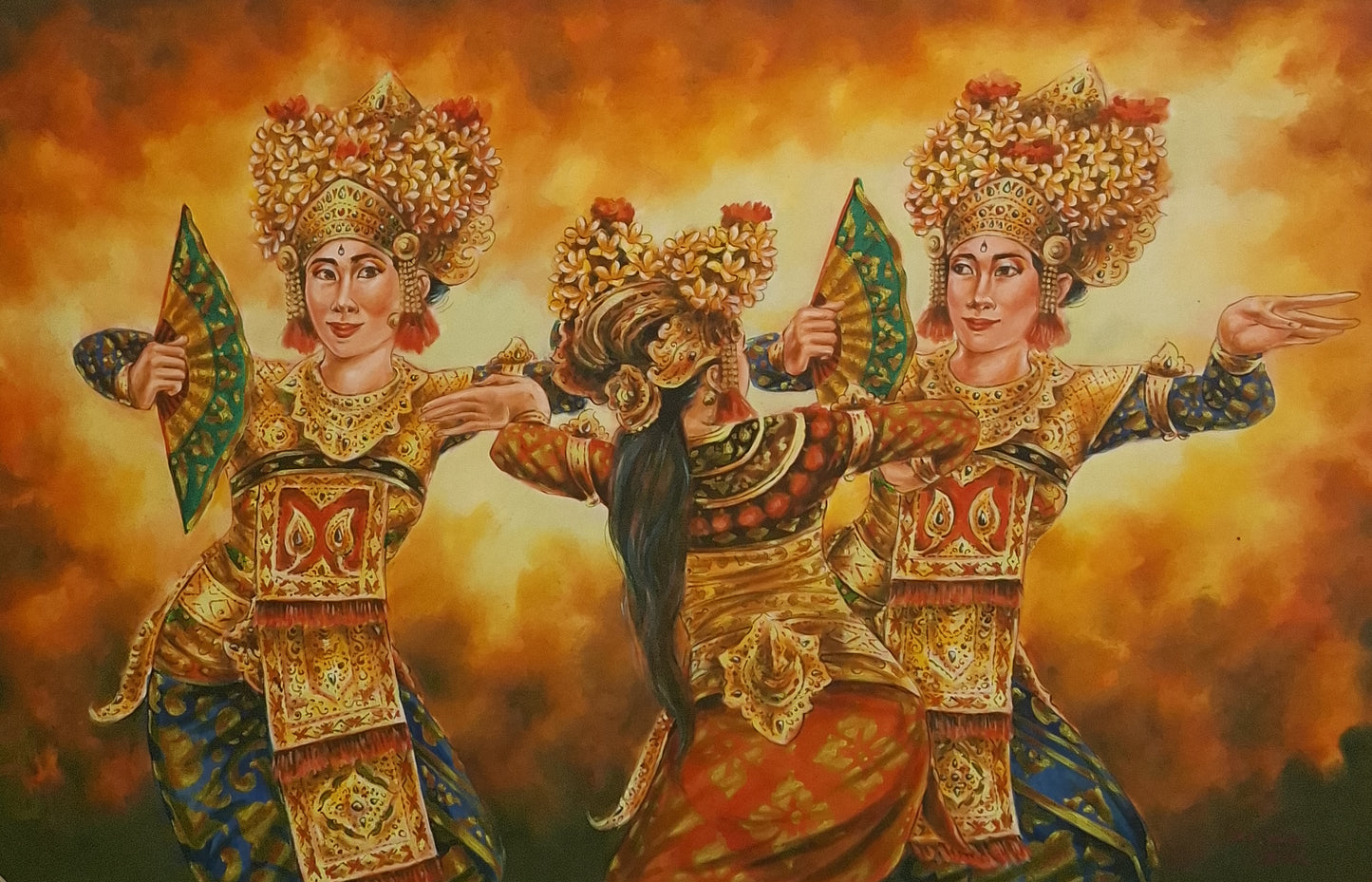 Three dancers in traditional costumes with intricate designs against a warm, fiery background.