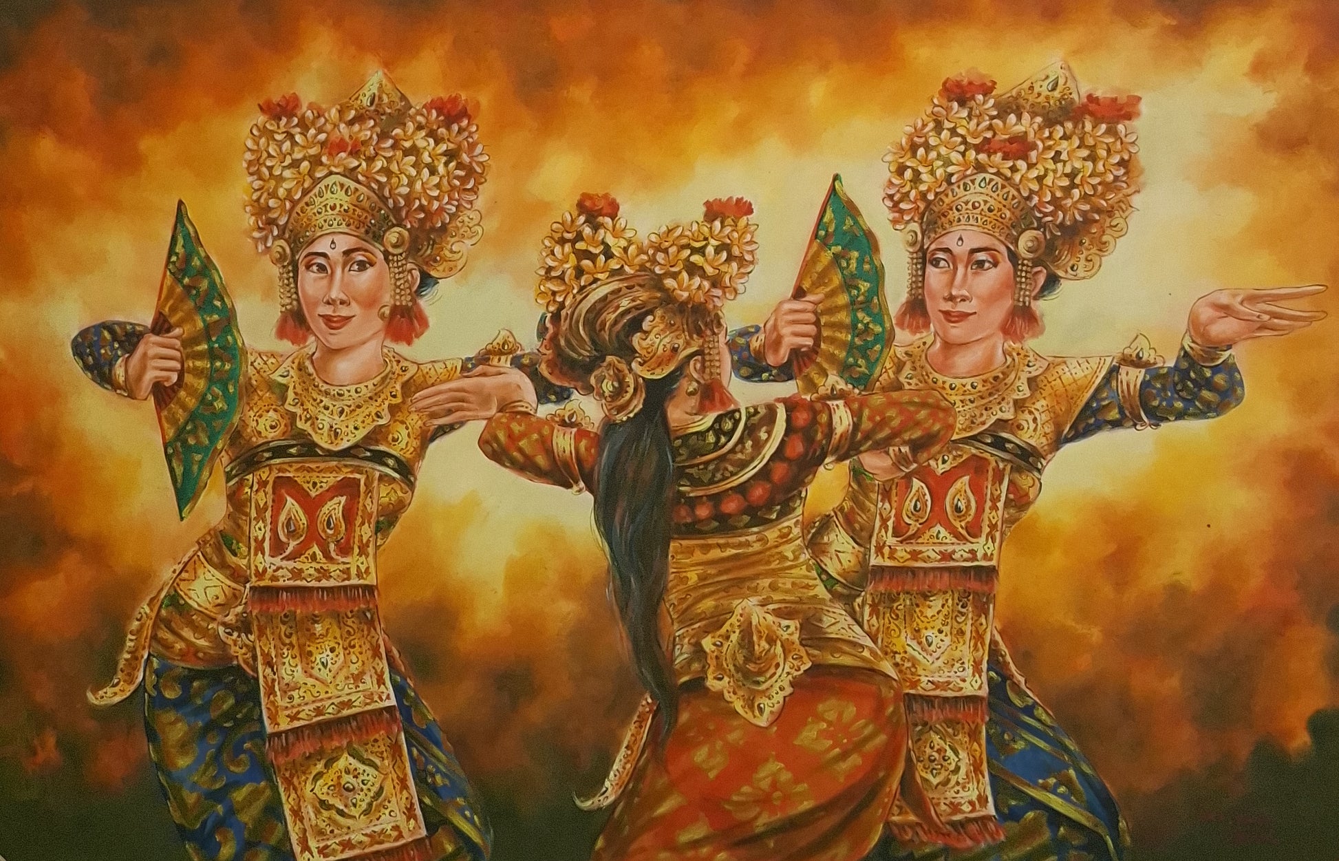 Three dancers in traditional costumes with intricate designs against a warm, fiery background.