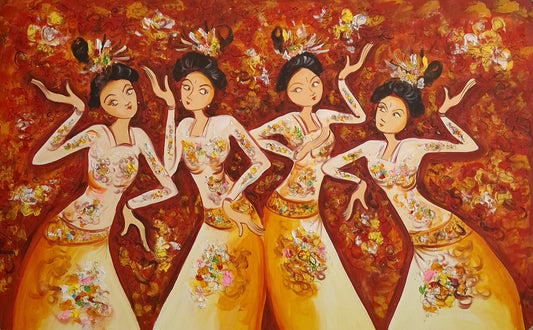 Traditional dance performance with four dancers in ornate costumes against a warm, abstract background.