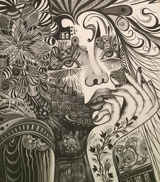 Black and white intricate artwork of a face with abstract patterns and symbols.