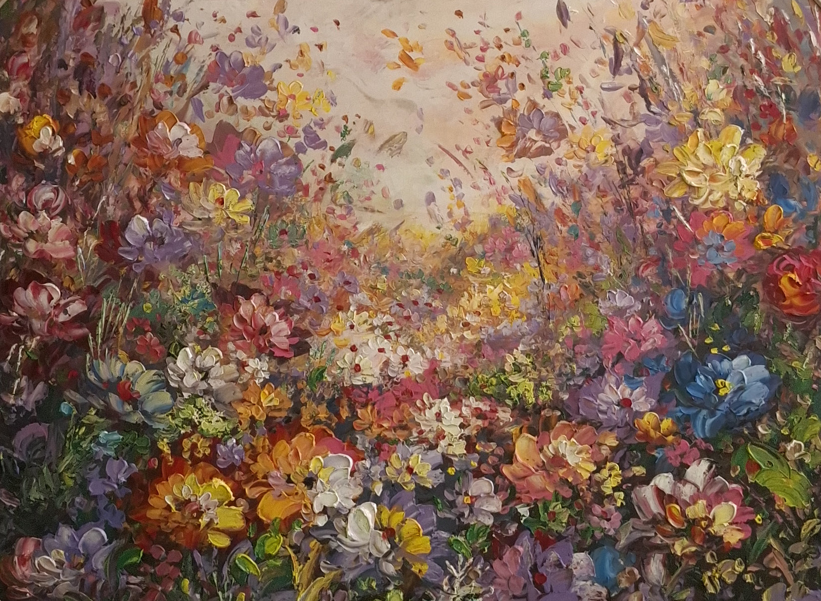 Colorful floral painting with a variety of flowers and a butterfly.