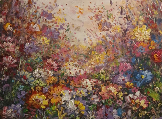 Colorful floral painting with a variety of flowers and a butterfly.