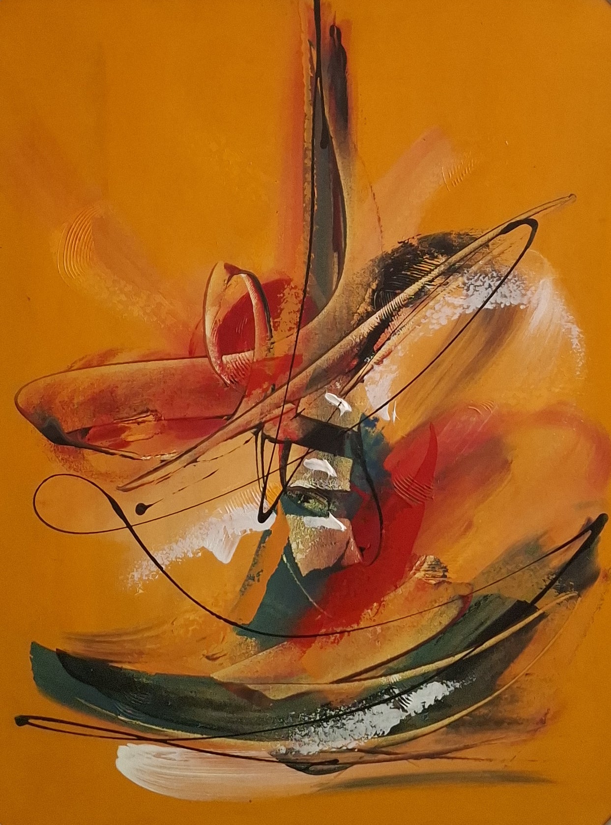 Abstract art with swirling colors on a yellow background