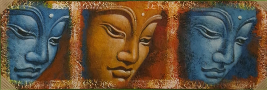 Decorative wall art with three faces in blue and brown on a textured background