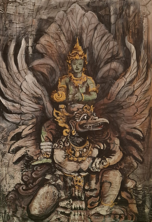 Stylized depiction of a seated figure with intricate details and large wings in a textured background.