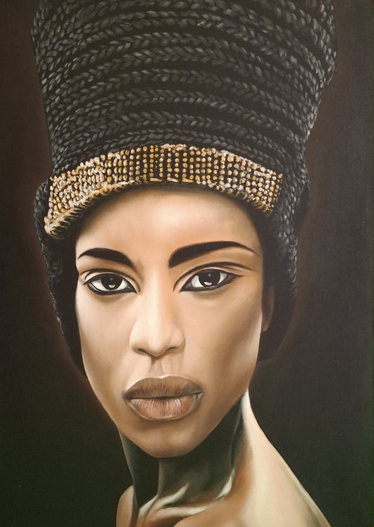 Artistic depiction of a figure wearing a traditional headpiece with braided design and gold accents.