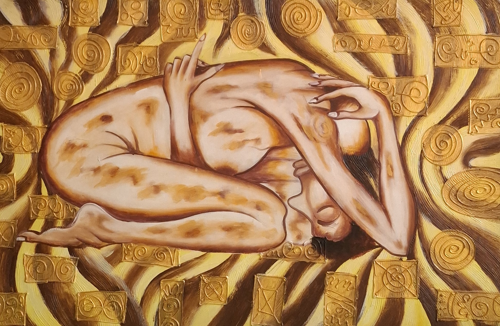 Artistic depiction of a nude figure on a gold background with intricate patterns