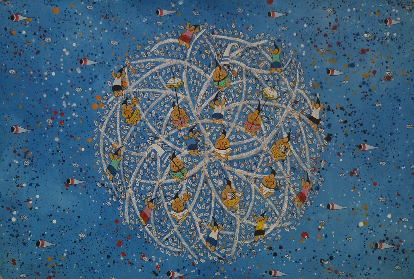 Circular pattern with people and fish on a blue background