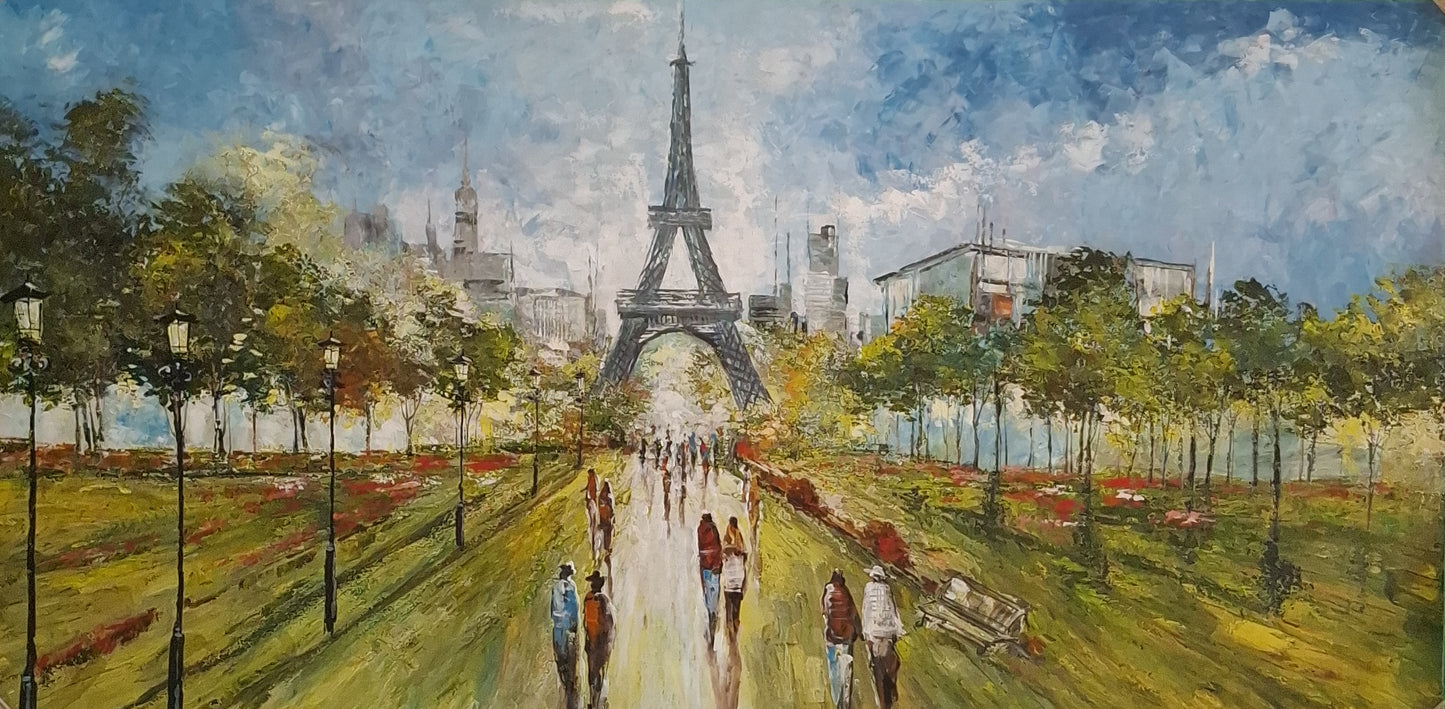 Painting of the Eiffel Tower with a path and people in a park-like setting.