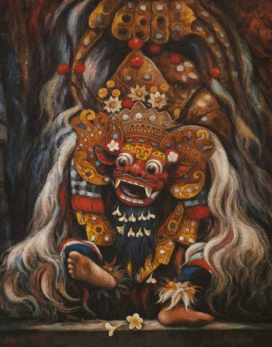 Decorative mask with intricate designs and long hair on a dark background