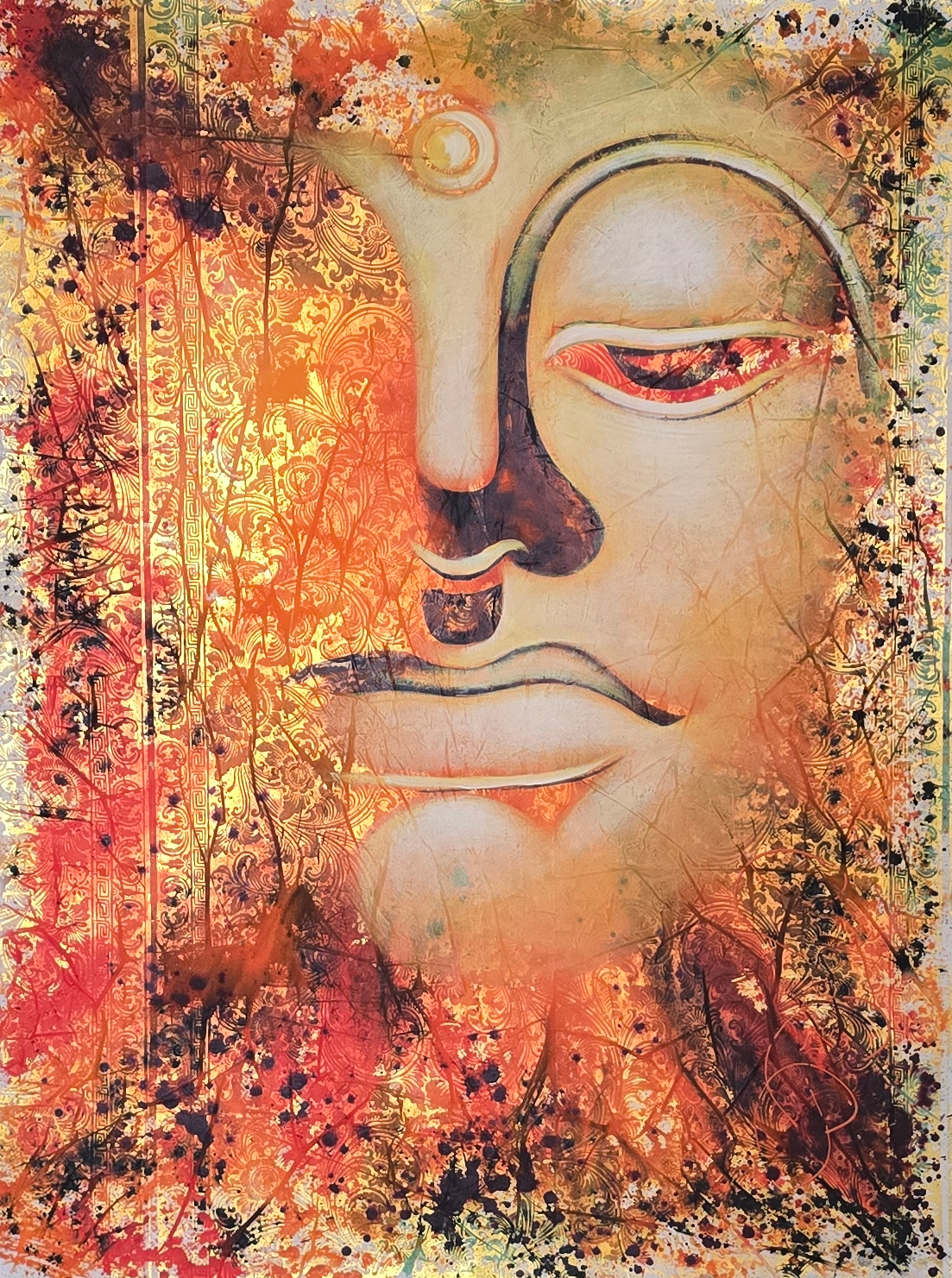 Abstract art with a stylized face in warm colors